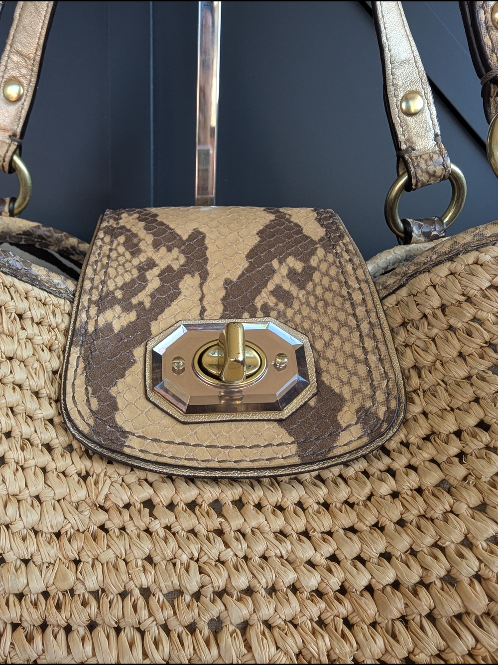 Coach Natural Woven Straw Tote with Snake-Print Trim - Picture 2 of 12
